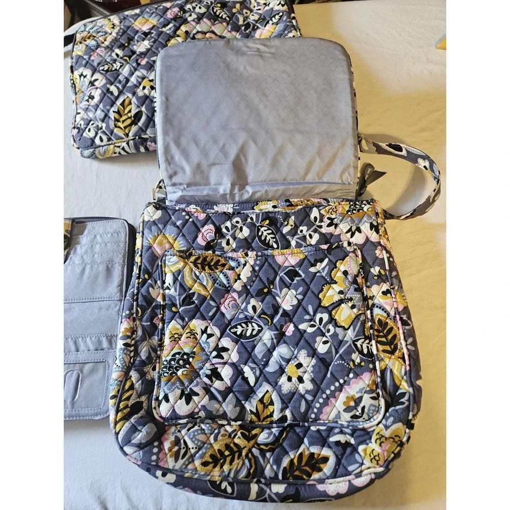 Vera Bradley Floral Quilted Messenger Bag Purse Wallet Laptop Sleeve Bundle Blue